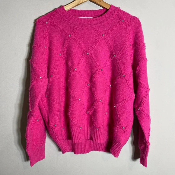 NWT Nanette Lepore Bedazzled Cable Knit Crewneck Pullover Sweater Women's M Pink - Picture 5 of 14